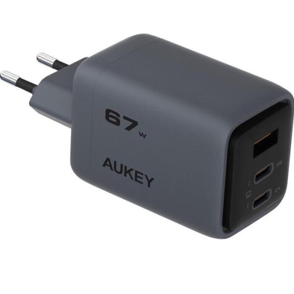 Wall Charger/ AUKEY PA-C3 charger with 67W total power, three 2C/1A ports, global fast charging protocol, EU plug, dark gray